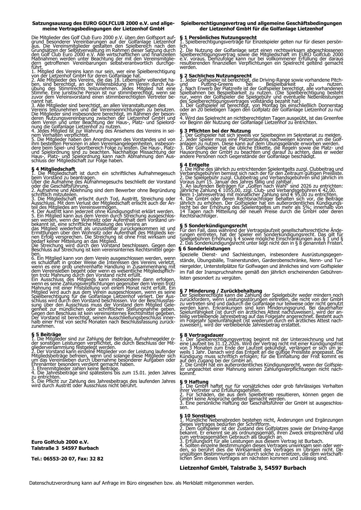 EUROSpielberechtigungsvertrag Golf nach Wahl Euro 01.01.2025 neu 2