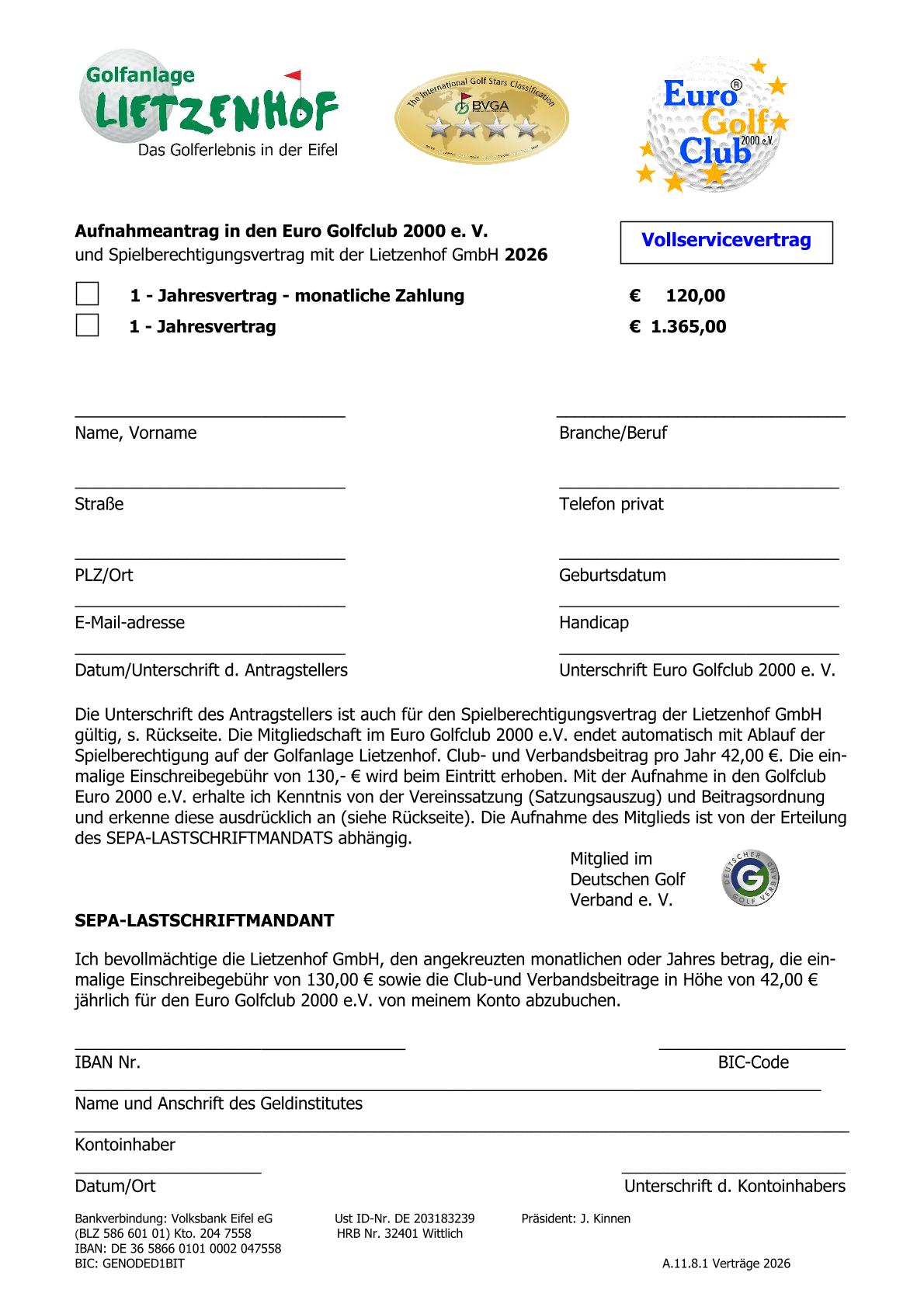 EUROSpielberechtigungsvertrag Vollservicevertrag neu 13 Jahre jahrl. monatl. Zahl. ab 01.01.2025 neu 1